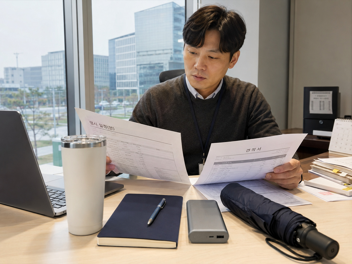 동탄 기업판촉물 담당자가 사무실에서 행사 일정과 판촉물 견적서를 검토하는 모습